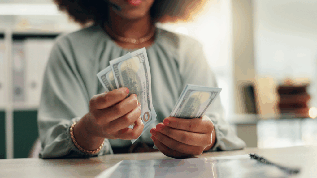 Closeup of a woman counting hundred dollar bills