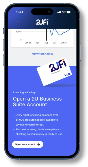 Phone displaying the 2UFi homescreen and the "Open an account" button